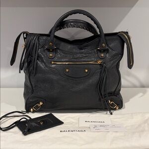 Balenciaga Black Leather Satchel with Gold Hardware